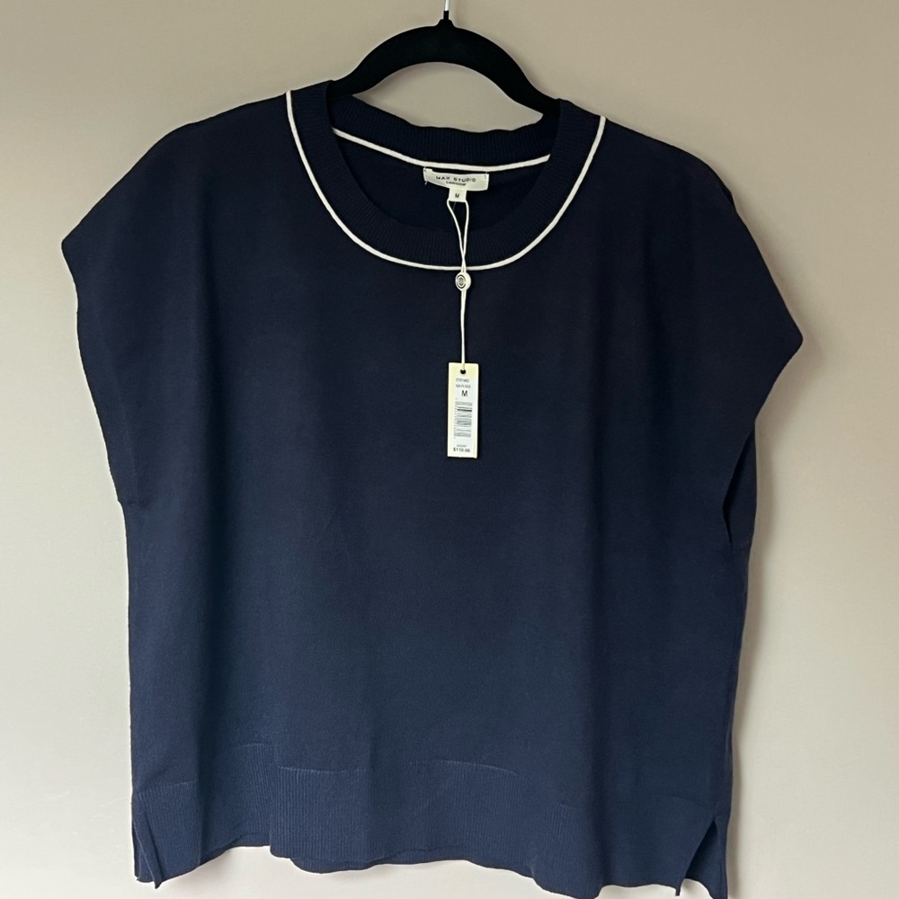 Max Studio Dark Blue Blouse with White Trim
